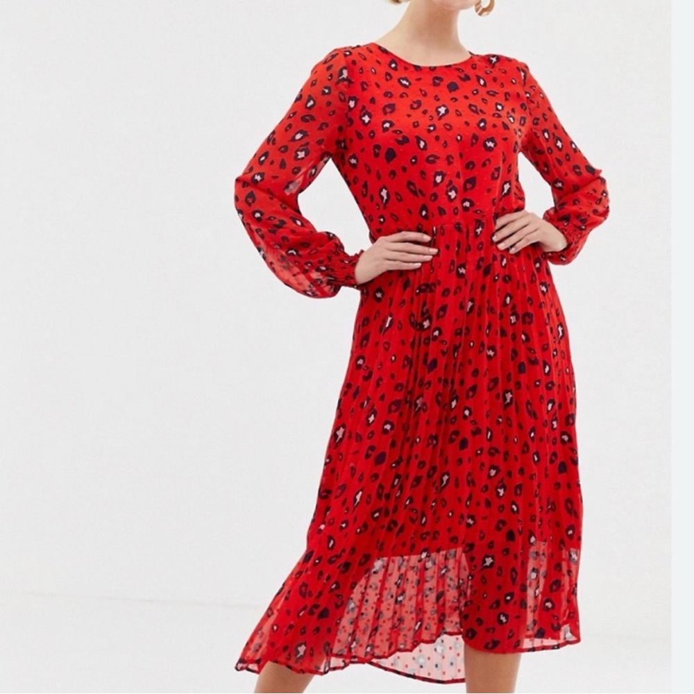 Selected Femme Red leopard print Midi Pleated Dress Sz 10